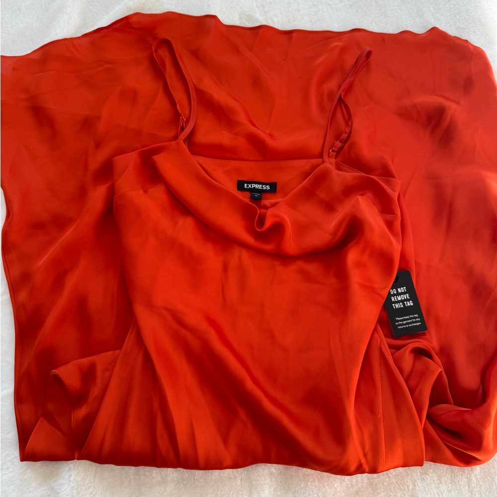 Express Orange Satin Cowl Neck Asymmetrical Hem Midi/Maxi Slip Dress | Size XS